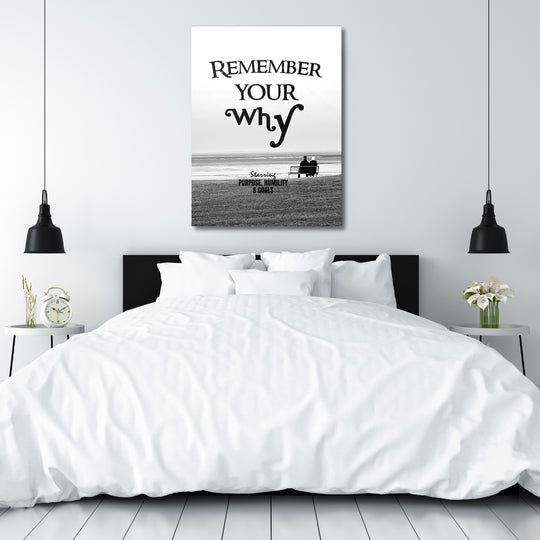 Motivační obraz - Remember Your Why nad postelí.