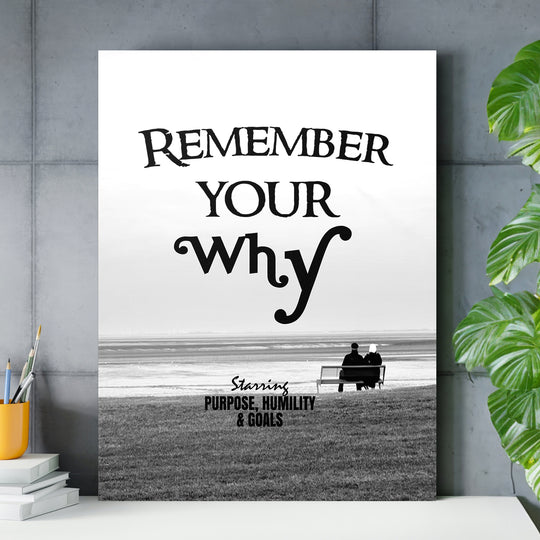 Motivační obraz - Remember Your Why nad pracovním stolem.