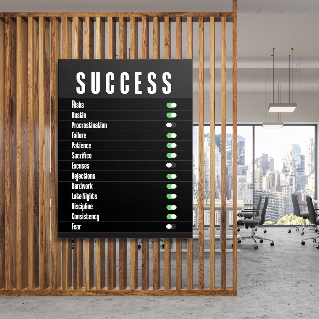 Motivační obraz Success - Zapni vytrvalost na dřevěné stěně.