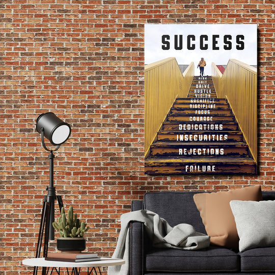 Motivační obraz Success - Žluté schodiště na cihlové zdi.
