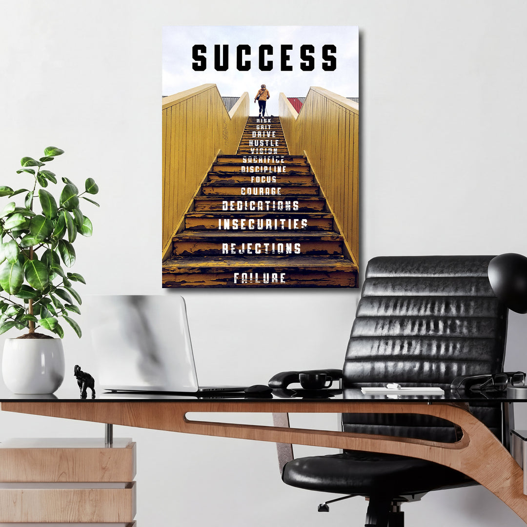 Motivační obraz Success - Žluté schodiště v kanceláři.