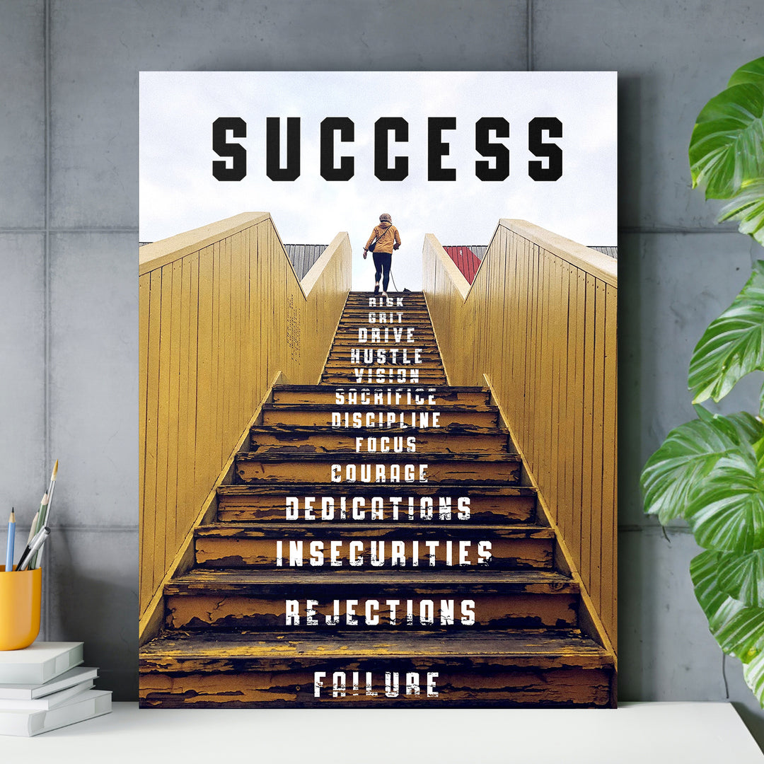 Motivační obraz Success - Žluté schodiště nad pracovním stolem.