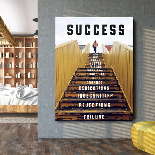 Motivační obraz Success - Žluté schodiště na velké stěně.