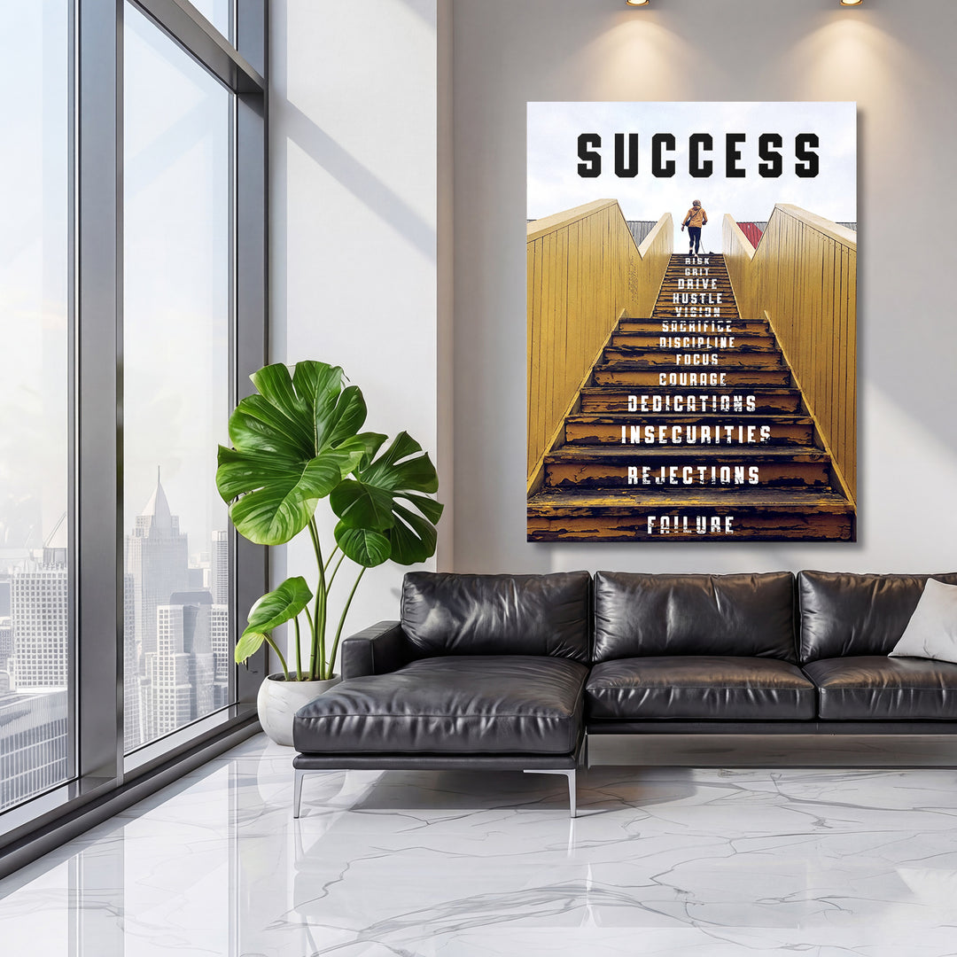 Motivační obraz Success - Žluté schodiště na velké stěně, třetí pohled.