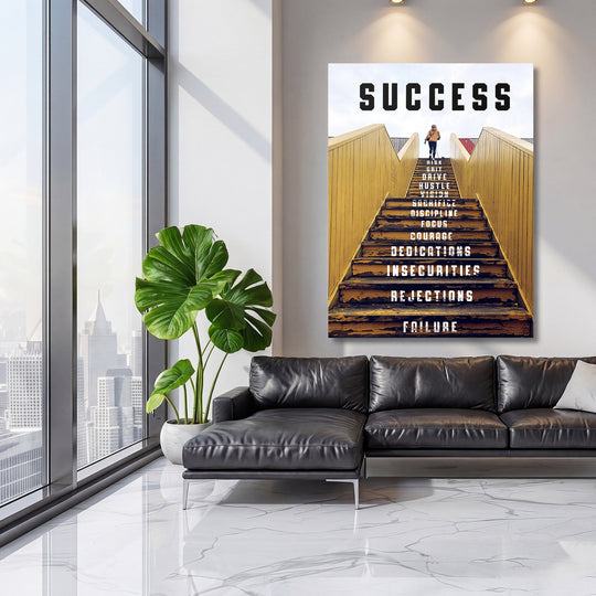 Motivační obraz Success - Žluté schodiště na velké stěně, třetí pohled.