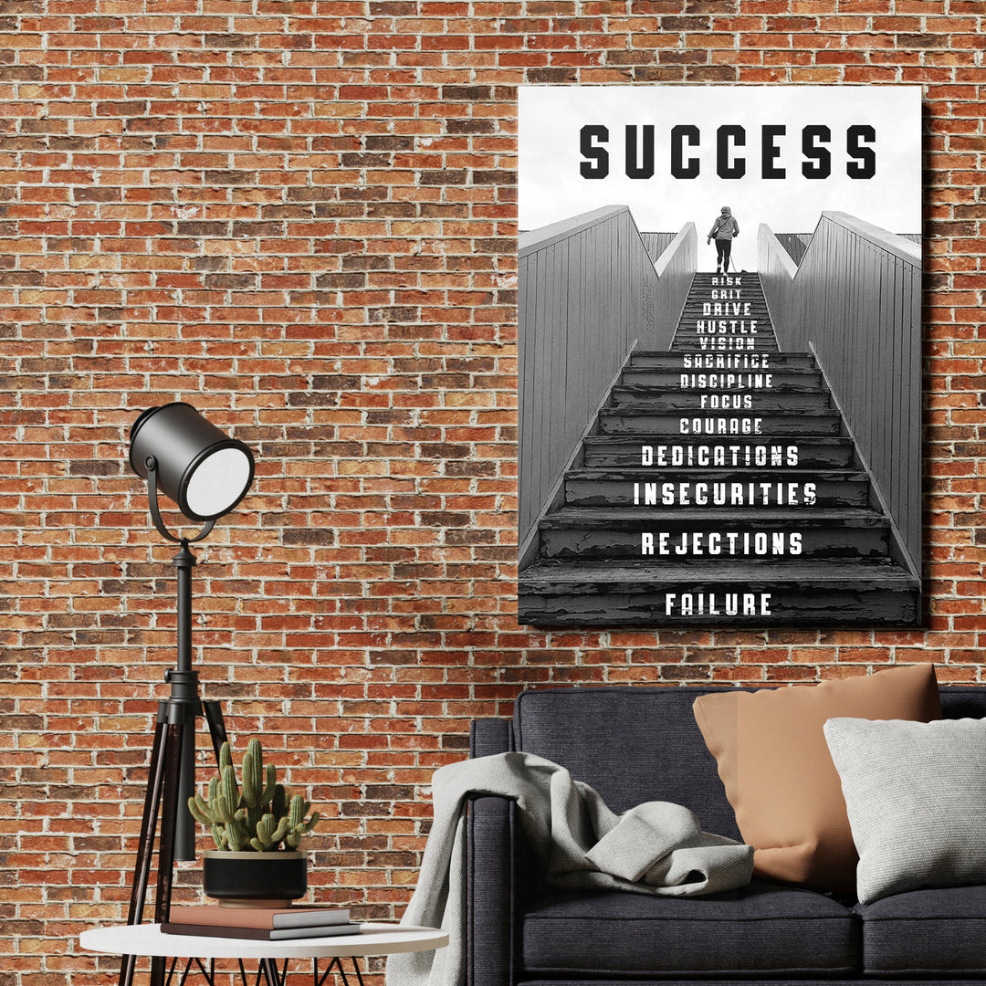 Motivační obraz Success - Černobílé schody na cihlové zdi.
