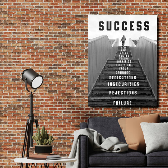 Motivační obraz Success - Černobílé schody na cihlové zdi.