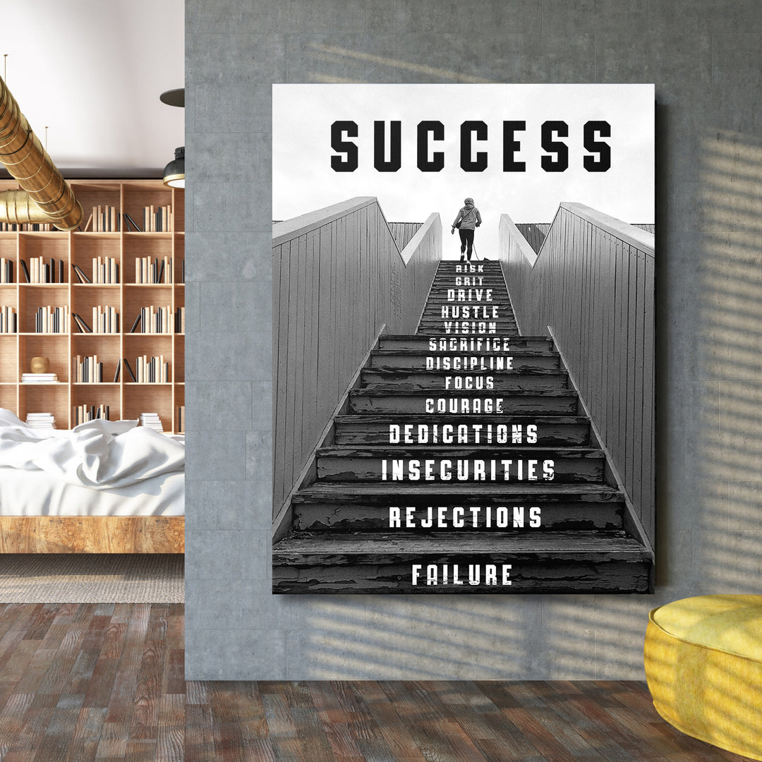 Motivační obraz Success - Černobílé schody na velké stěně.