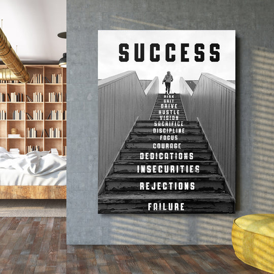 Motivační obraz Success - Černobílé schody na velké stěně.