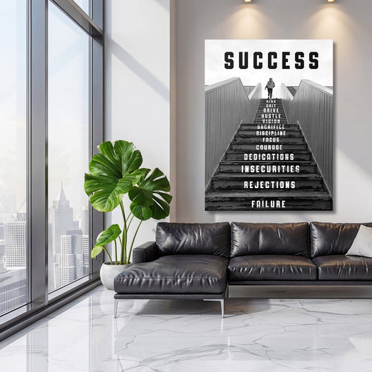 Motivační obraz Success - Černobílé schody na velké stěně, třetí pohled.