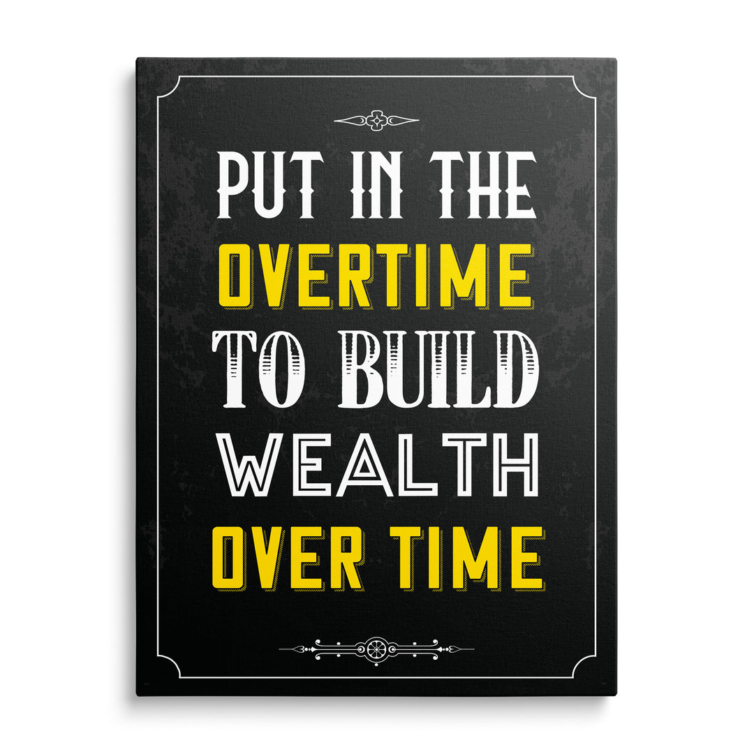 Bílý a žlutý nápis Put in the Overtime to Build Wealth Over Time na černém texturovaném pozadí s bílým rámem a ornamenty.