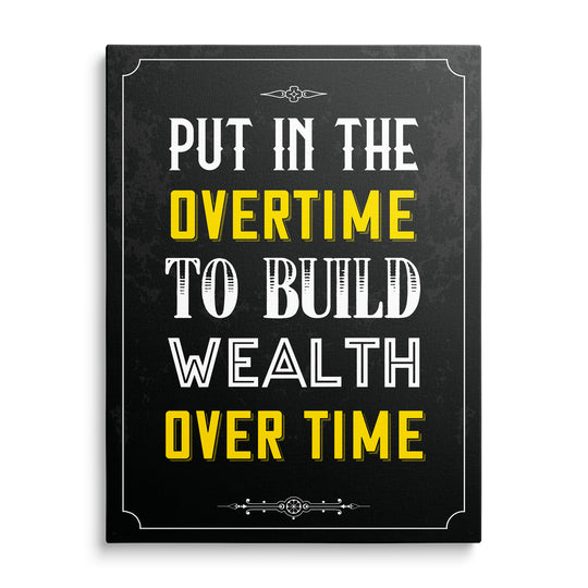 Bílý a žlutý nápis Put in the Overtime to Build Wealth Over Time na černém texturovaném pozadí s bílým rámem a ornamenty.