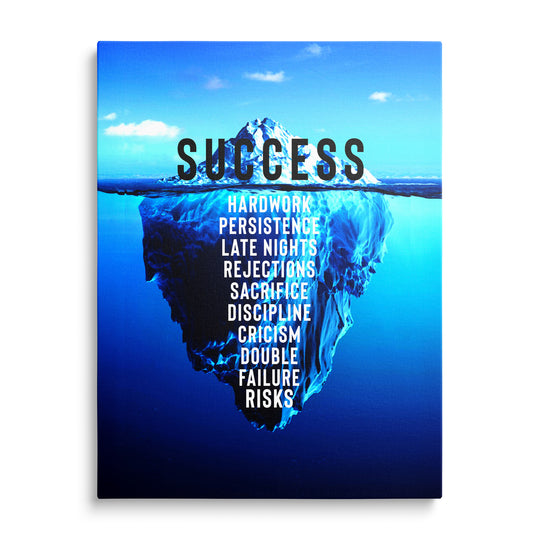Bílý ledovec nad i pod hladinou modrého oceánu, nápis Success nahoře a seznam bílých slov na ponořené části.