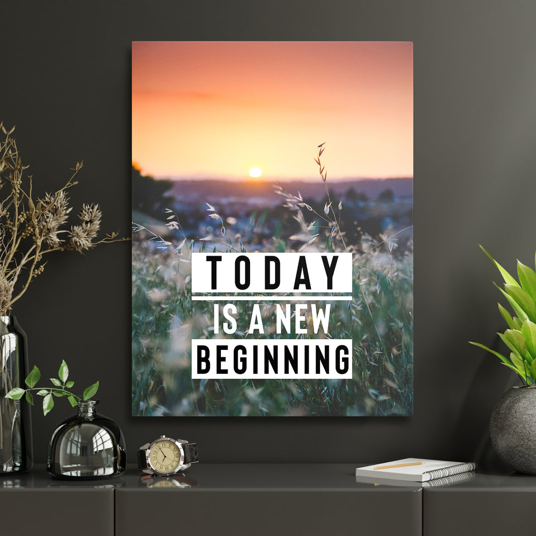 Motivační obraz - Today Is a New Beginning v interiéru s hodinami.
