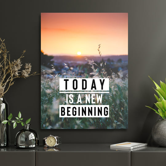 Motivační obraz - Today Is a New Beginning v interiéru s hodinami.
