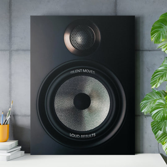 Motivační obraz - Silent Moves Loud Results nad pracovním stolem.
