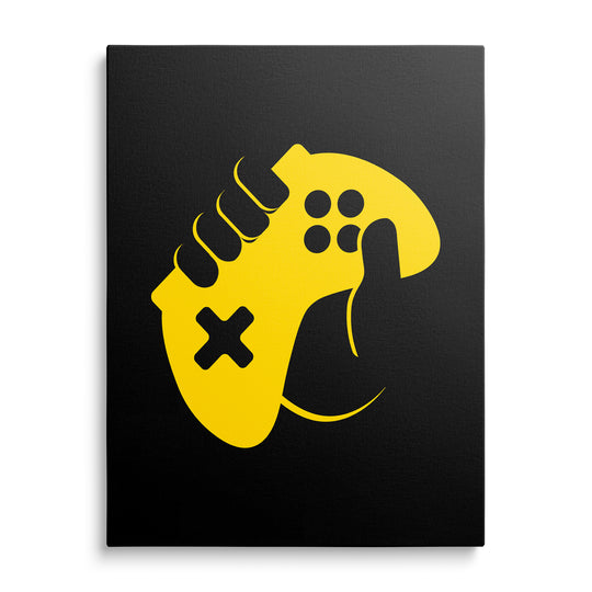 Plochá žlutá silueta kombinující tenisku a gamepad s křížovým ovladačem a čtyřmi kruhovými tlačítky na černém podkladu.