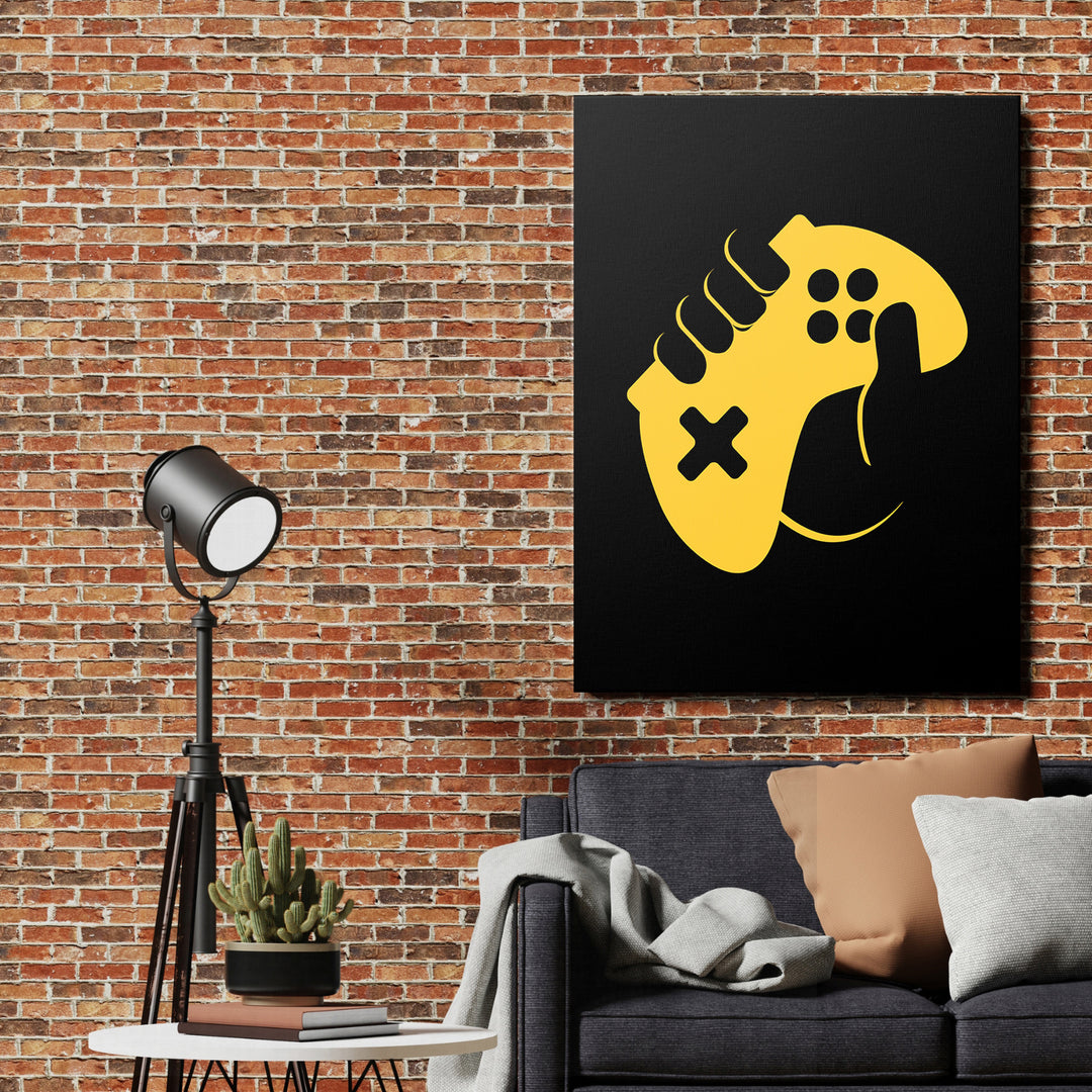 Herní obraz - Žlutá teniska a gamepad na cihlové zdi.