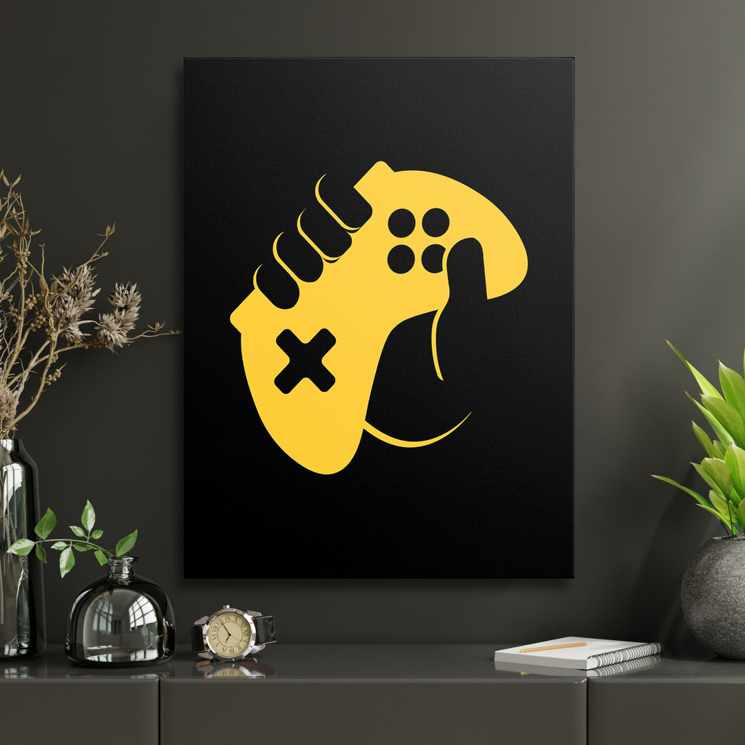 Herní obraz - Žlutá teniska a gamepad v interiéru s hodinami.