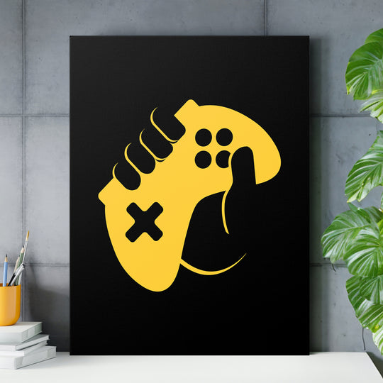 Herní obraz - Žlutá teniska a gamepad nad pracovním stolem.