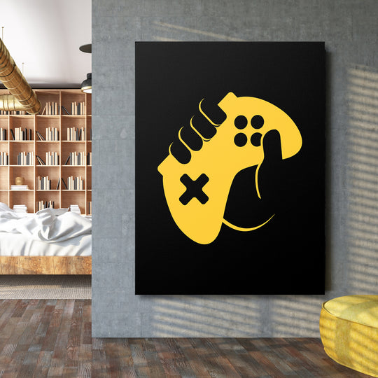 Herní obraz - Žlutá teniska a gamepad na velké stěně.