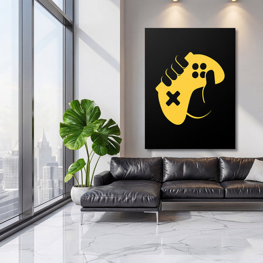Herní obraz - Žlutá teniska a gamepad na velké stěně, třetí pohled.