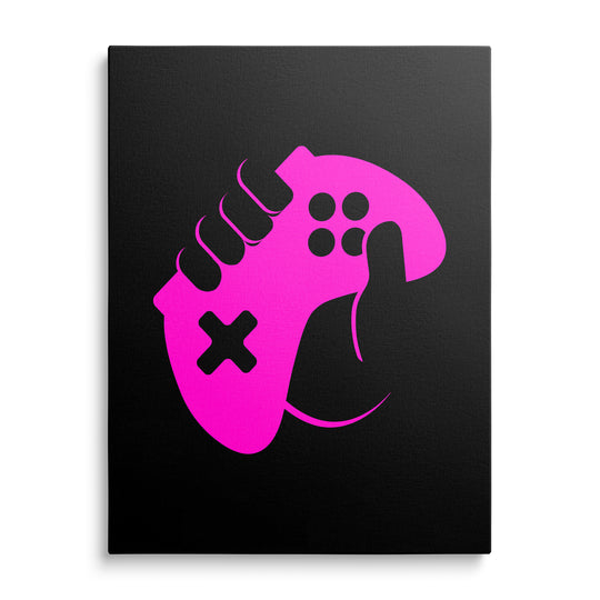 Sytě růžová prohnutá silueta gamepadu s výřezy kruhových tlačítek a křížového ovladače na černém pozadí.