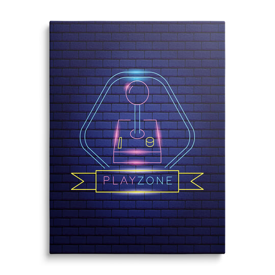 Neonový arkádový joystick s tlačítky uvnitř obrysu automatu, žlutá stuha Playzone a tmavě modré cihlové pozadí.