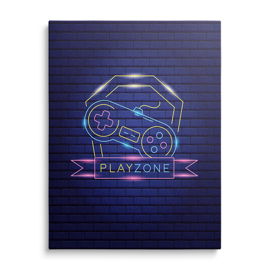 Neonový gamepad s křížovým ovladačem a čtyřmi tlačítky, obrys arkádového automatu a stuha Playzone na modrých cihlách.