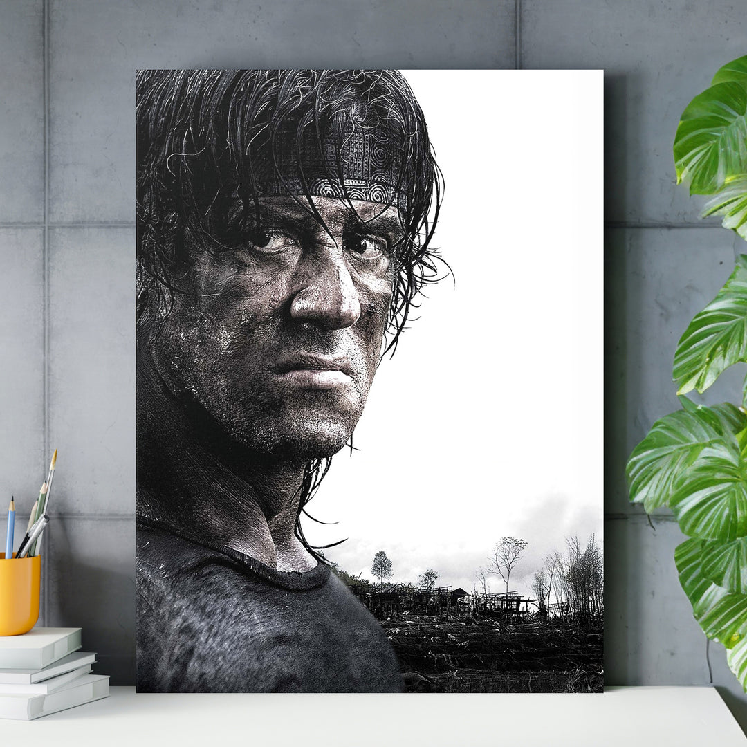 Obraz Rambo - Černobílý portrét nad pracovním stolem.