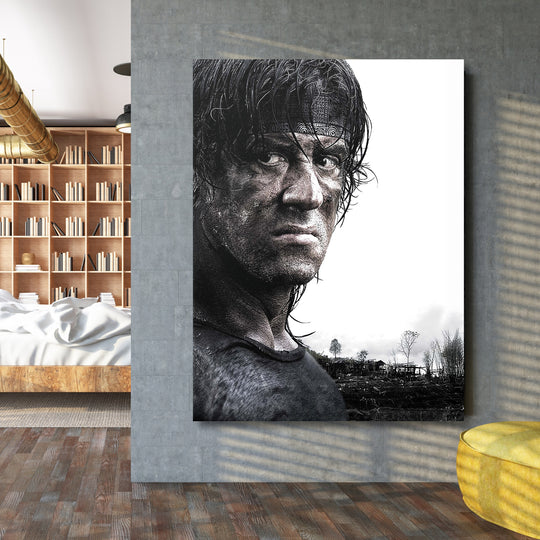 Obraz Rambo - Černobílý portrét na velké stěně.