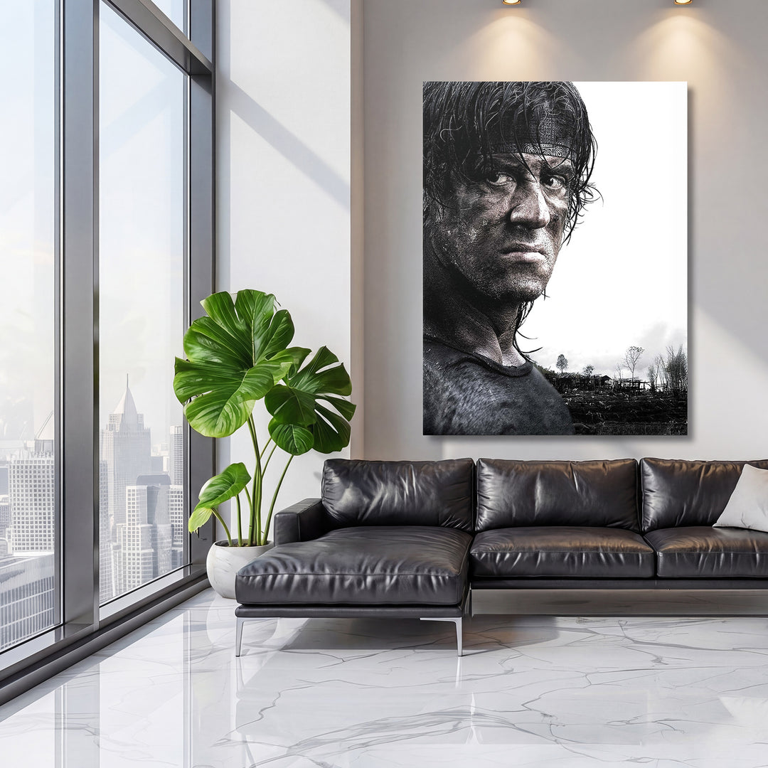 Obraz Rambo - Černobílý portrét na velké stěně, třetí pohled.