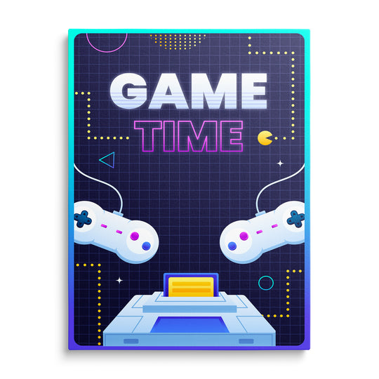 Dva krémové kabelové gamepady, světle modrá konzole a velký nápis Game Time v tyrkysovém rámu na tmavé mřížce.