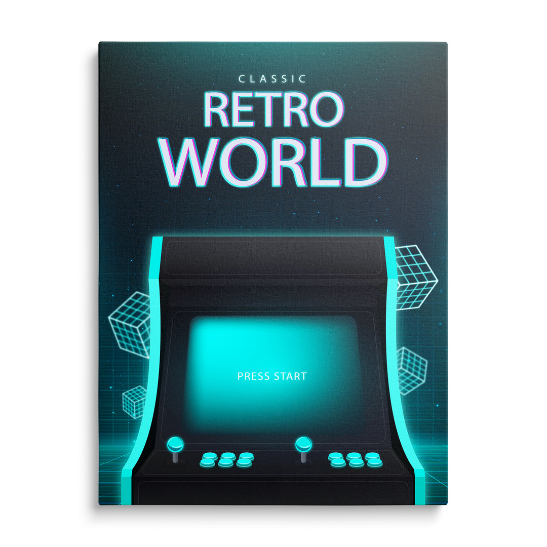 Tyrkysově svítící arkádový automat s obrazovkou Press Start, drátěné krychle a nápis Classic Retro World na tmavém pozadí.
