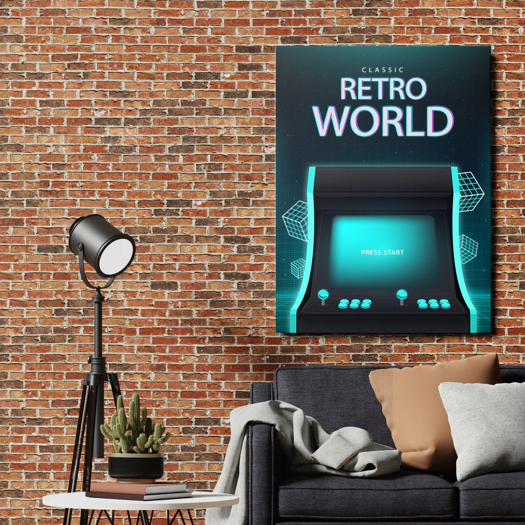Herní obraz Classic Retro World - Press Start na cihlové zdi.