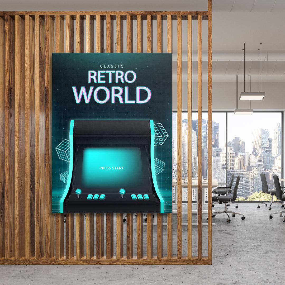 Herní obraz Classic Retro World - Press Start na dřevěné stěně.
