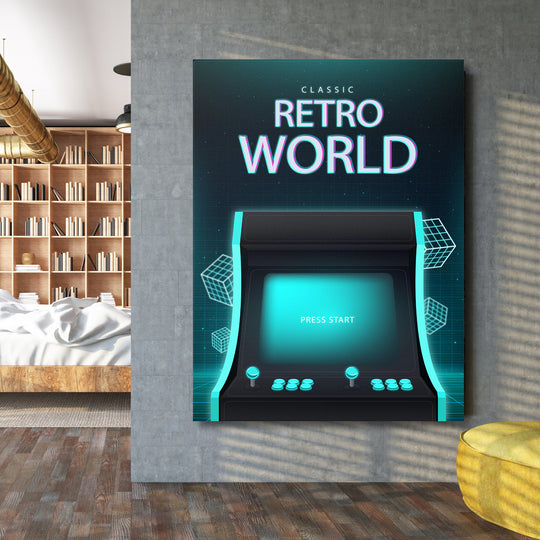 Herní obraz Classic Retro World - Press Start na velké stěně.