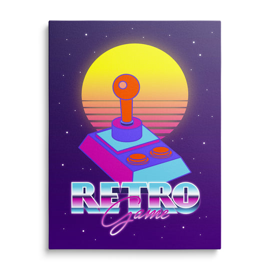 Barevný retro joystick se dvěma tlačítky před žlutým pruhovaným sluncem na fialovém pozadí s nápisem Retro Game.
