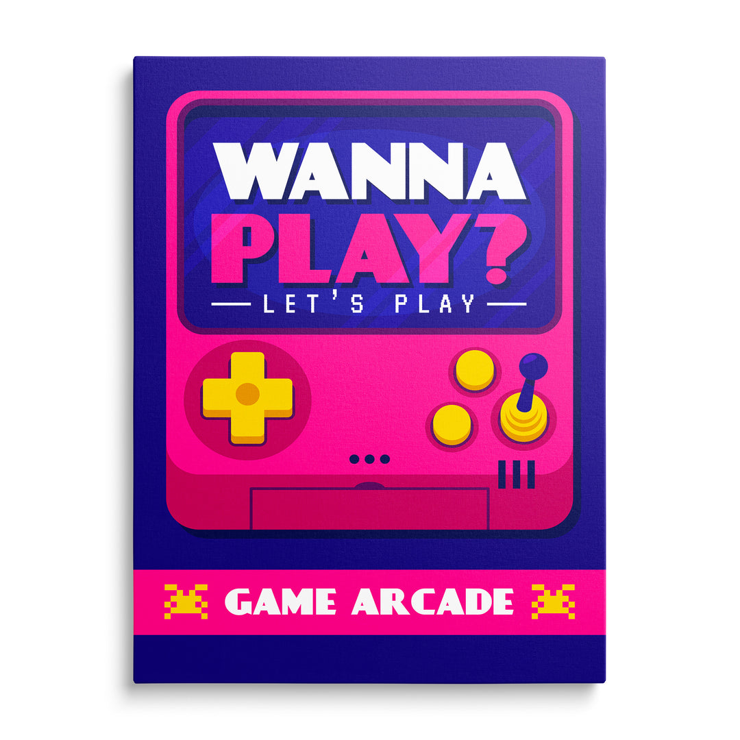 Velký růžový ovladač se žlutými tlačítky a joystickem s modrou koulí, pixeloví vetřelci a nápis Wanna Play na modrém pozadí.