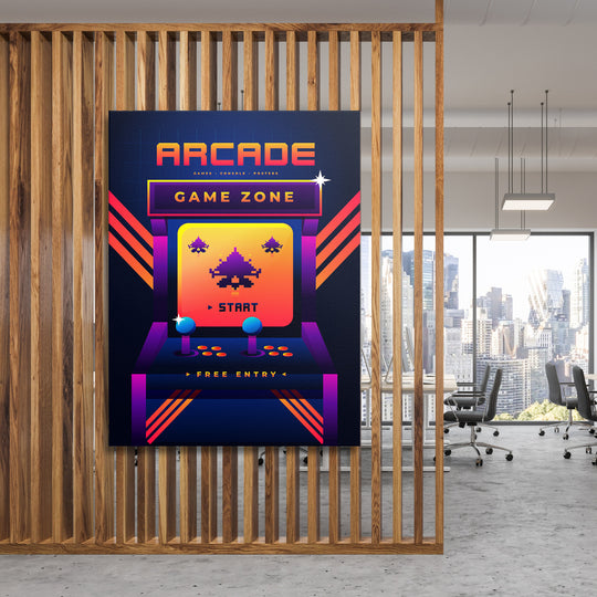 Herní obraz Arcade - Modré joysticky na dřevěné stěně.