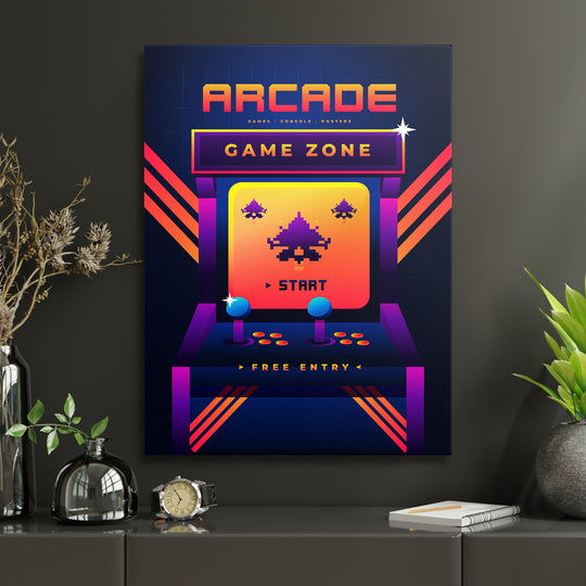 Herní obraz Arcade - Modré joysticky v interiéru s hodinami.