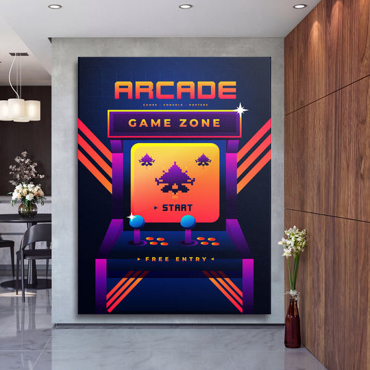 Herní obraz Arcade - Modré joysticky na velké stěně, druhý pohled.