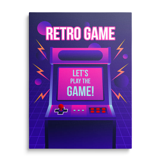 Arkádový automat s růžovým displejem Let's Play the Game, joystickem a červenými tlačítky na modrofialové mřížce.