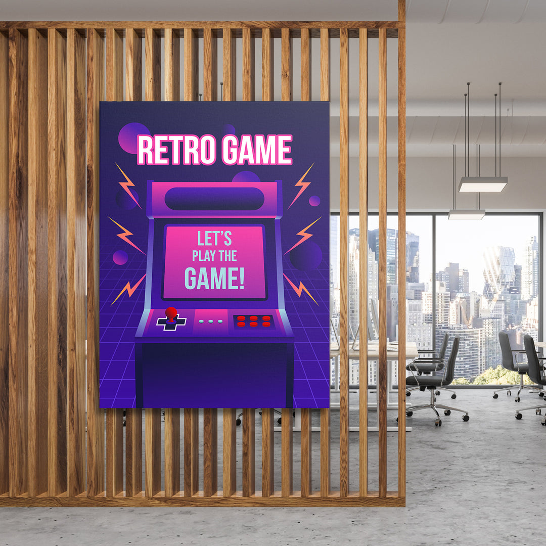 Herní obraz Retro Game - Let's Play the Game na dřevěné stěně.