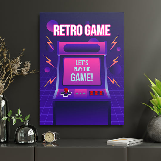 Herní obraz Retro Game - Let's Play the Game v interiéru s hodinami.