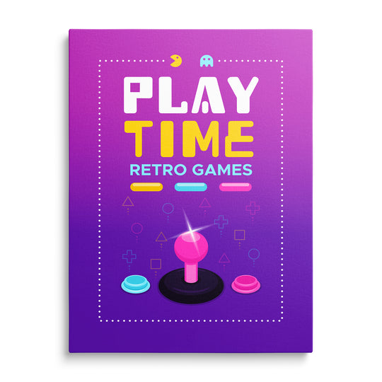 Růžový joystick s tyrkysovým a růžovým tlačítkem, Pac-Man, duch a nápisy Play Time a Retro Games na fialovém podkladu.