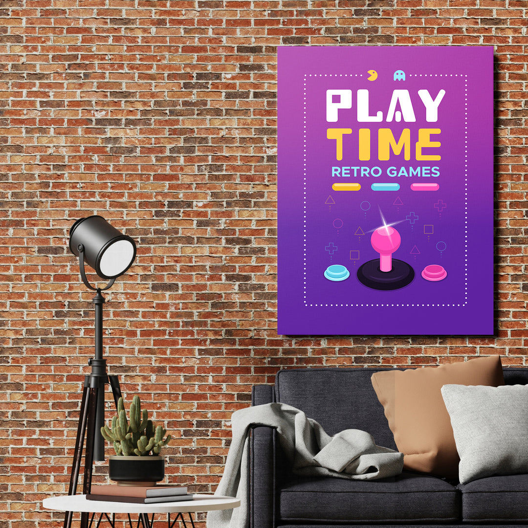 Herní obraz Play Time - Růžový joystick na cihlové zdi.