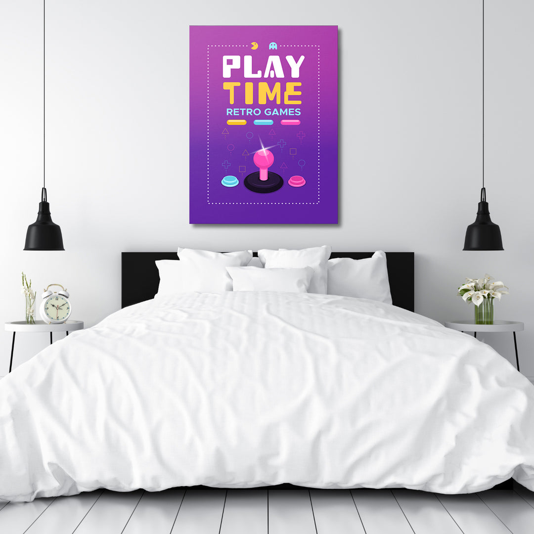 Herní obraz Play Time - Růžový joystick nad postelí.