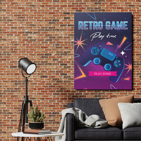 Herní obraz Retro Game - Play Zone na cihlové zdi.
