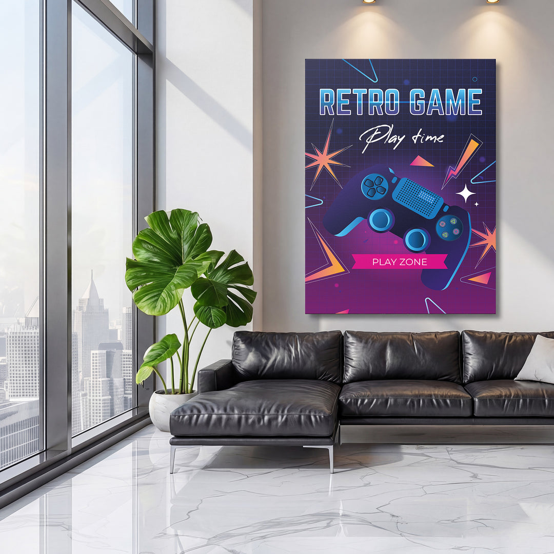 Herní obraz Retro Game - Play Zone na velké stěně, třetí pohled.